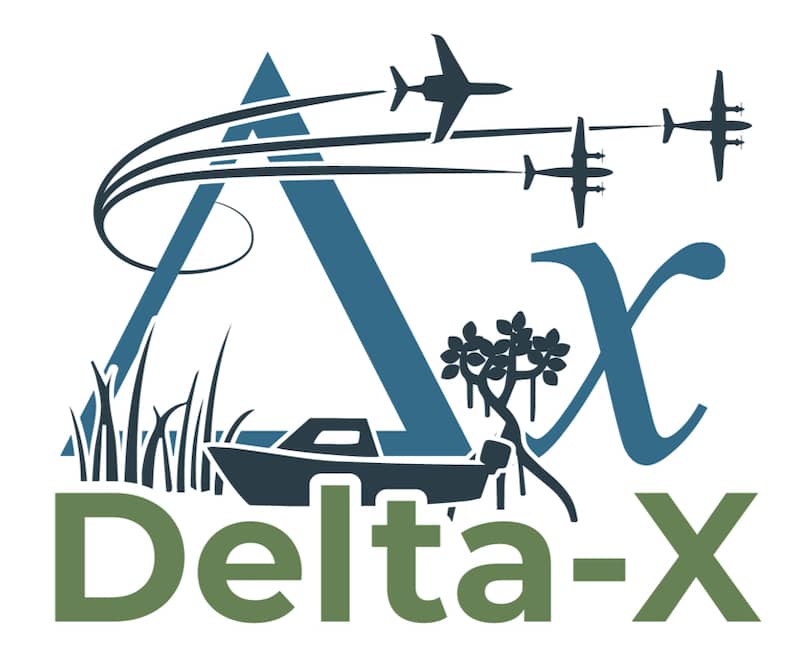 Delta-X logo with triangle, X, boats, aircraft, and vegetation